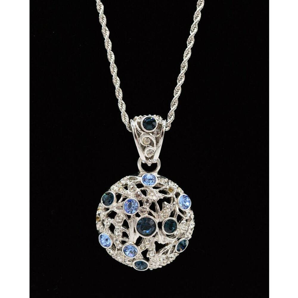 Bijoux Cascio Vintage Crystal Pendant Necklace Rope Chain Blue Signed 80s Bin4